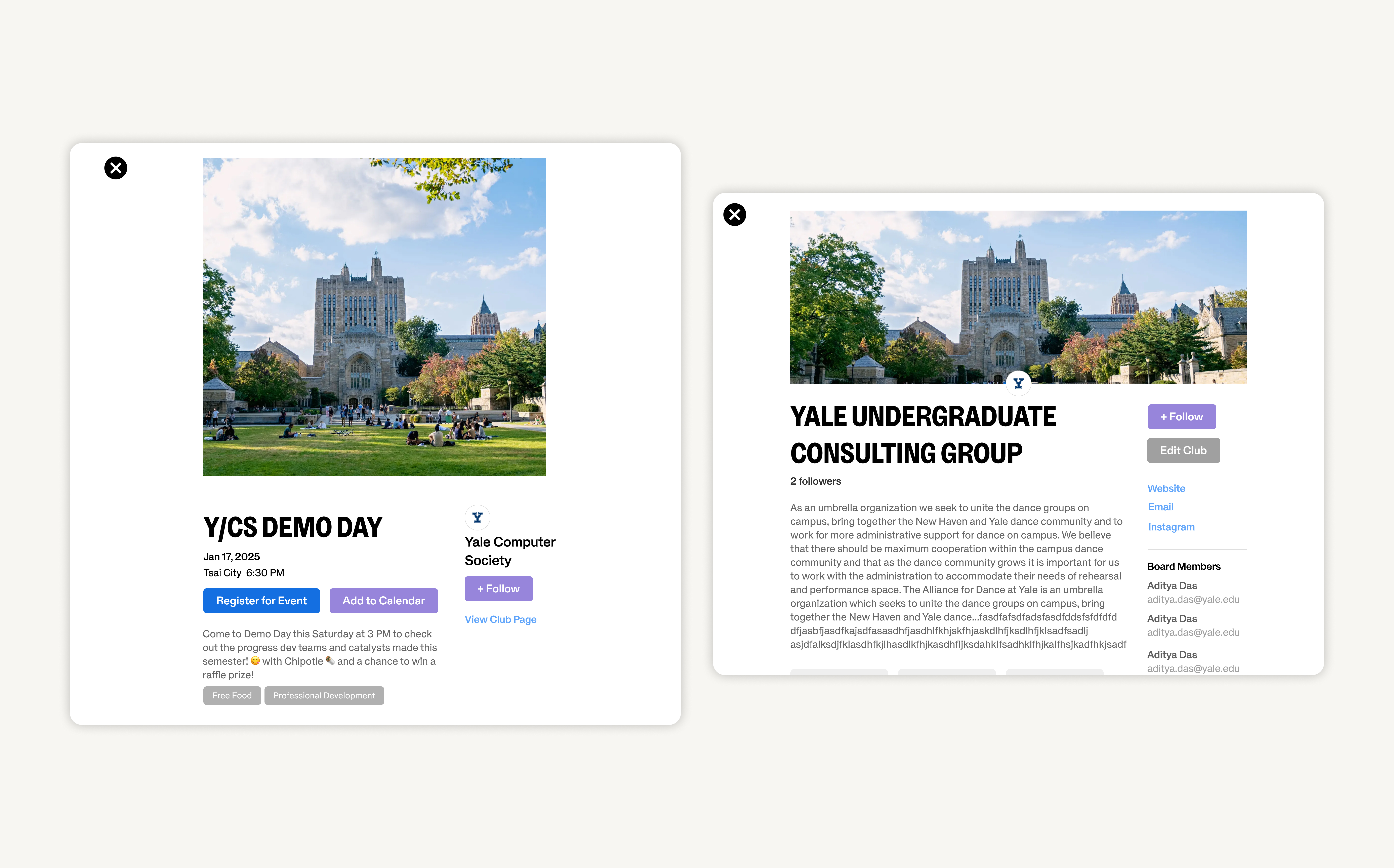 Mockups of organization and event modals produced during consultation with YaleClubs