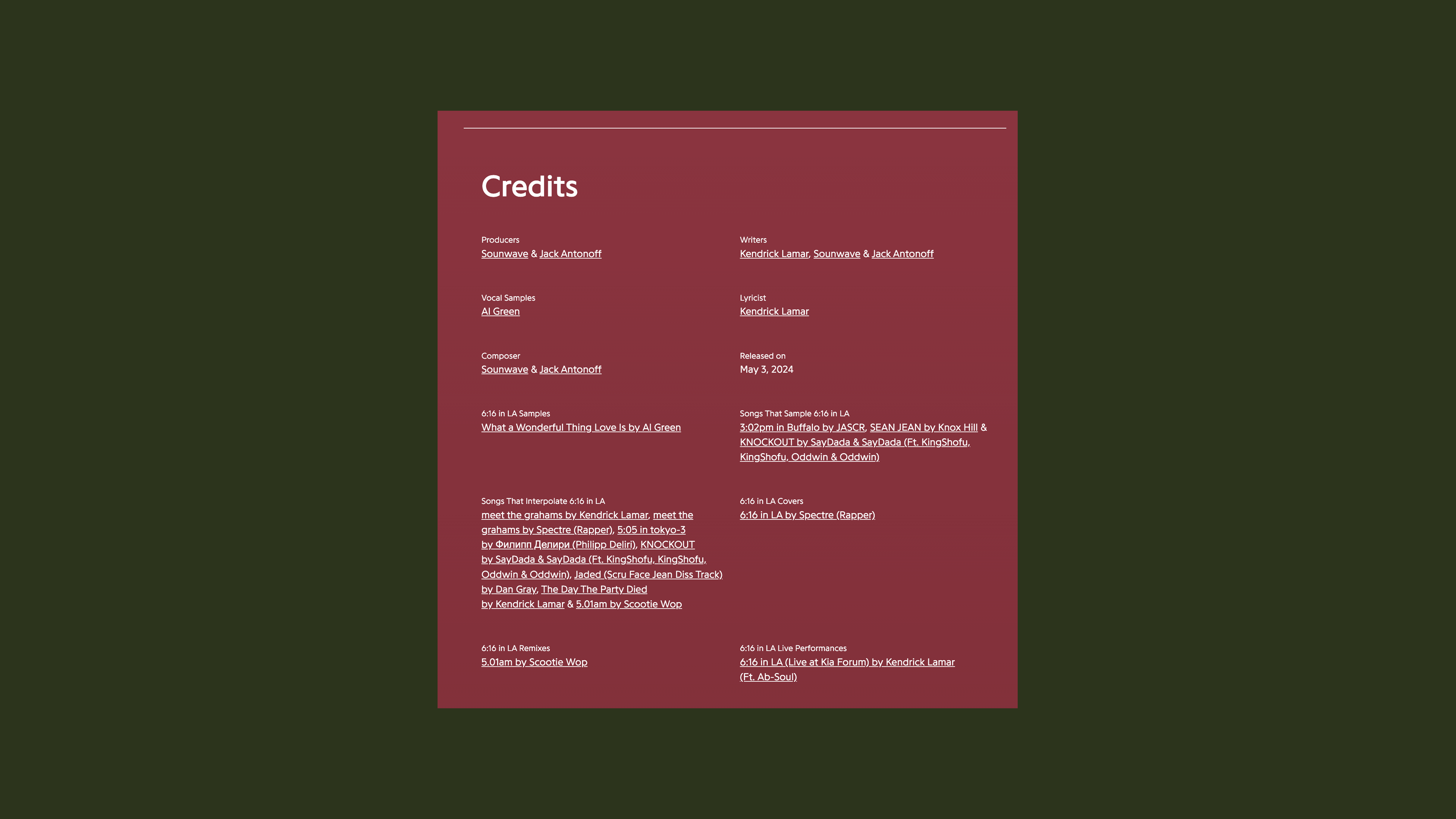 On the bottom of any song's page, there is an extensive list of credits and a index of works linked through interpolation, sampling, etc.